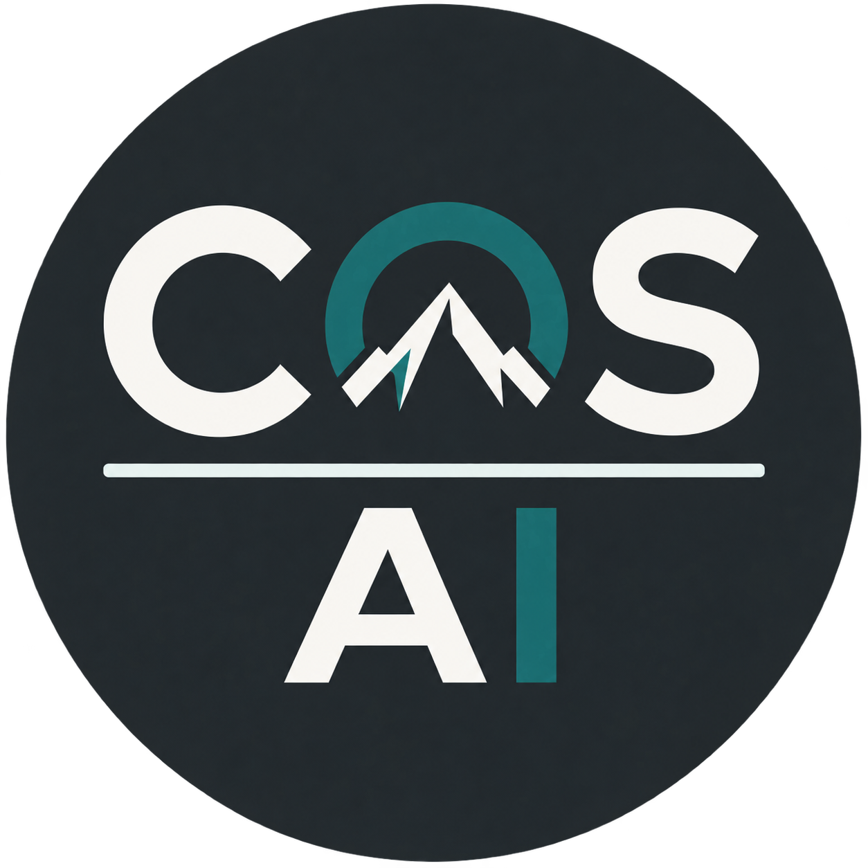 COS AI badge with a teal open O wrapping around a white mountain